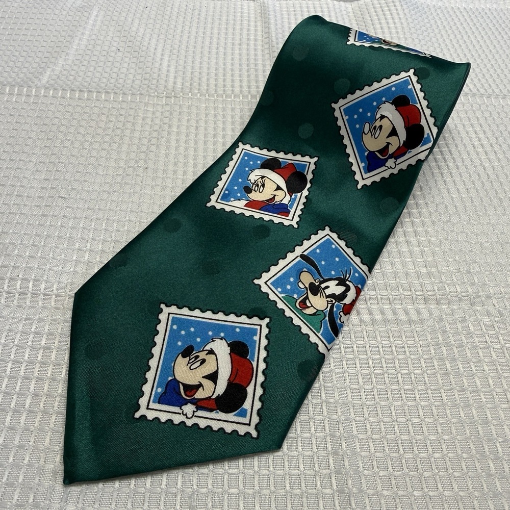 Vintage Tie Disney Cervantes Green Christmas Santa Mickey Goofy Postage Stamps